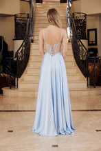N A1738 - Satin A-Line Prom Gown with Sheer Boned Bodice Leg Slit & Open Lace Up Back Prom Gown Nox