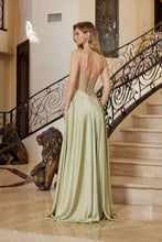 N A1738 - Satin A-Line Prom Gown with Sheer Boned Bodice Leg Slit & Open Lace Up Back Prom Gown Nox