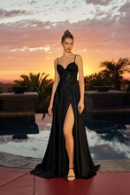 N A1748 - Satin A-Line Prom Gown with Sequin Embellished Boned Bodice & Leg Slit PROM GOWN Nox 00 Black