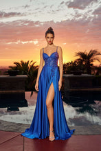 N A1748 - Satin A-Line Prom Gown with Sequin Embellished Boned Bodice & Leg Slit PROM GOWN Nox 00 Royal Blue