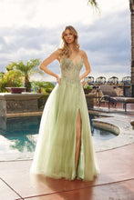 N C1843 - Layered Tulle A-Line Prom Gown with Sheer Sequin Embellished Bodice Leg Slit & Lace Up Back Prom Gown Nox 00 Sage