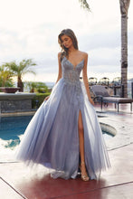 N C1843 - Layered Tulle A-Line Prom Gown with Sheer Sequin Embellished Bodice Leg Slit & Lace Up Back Prom Gown Nox 00 Smoky Blue