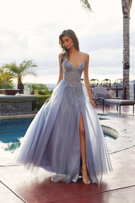N C1843 - Layered Tulle A-Line Prom Gown with Sheer Sequin Embellished Bodice Leg Slit & Lace Up Back Prom Gown Nox 00 Smoky Blue