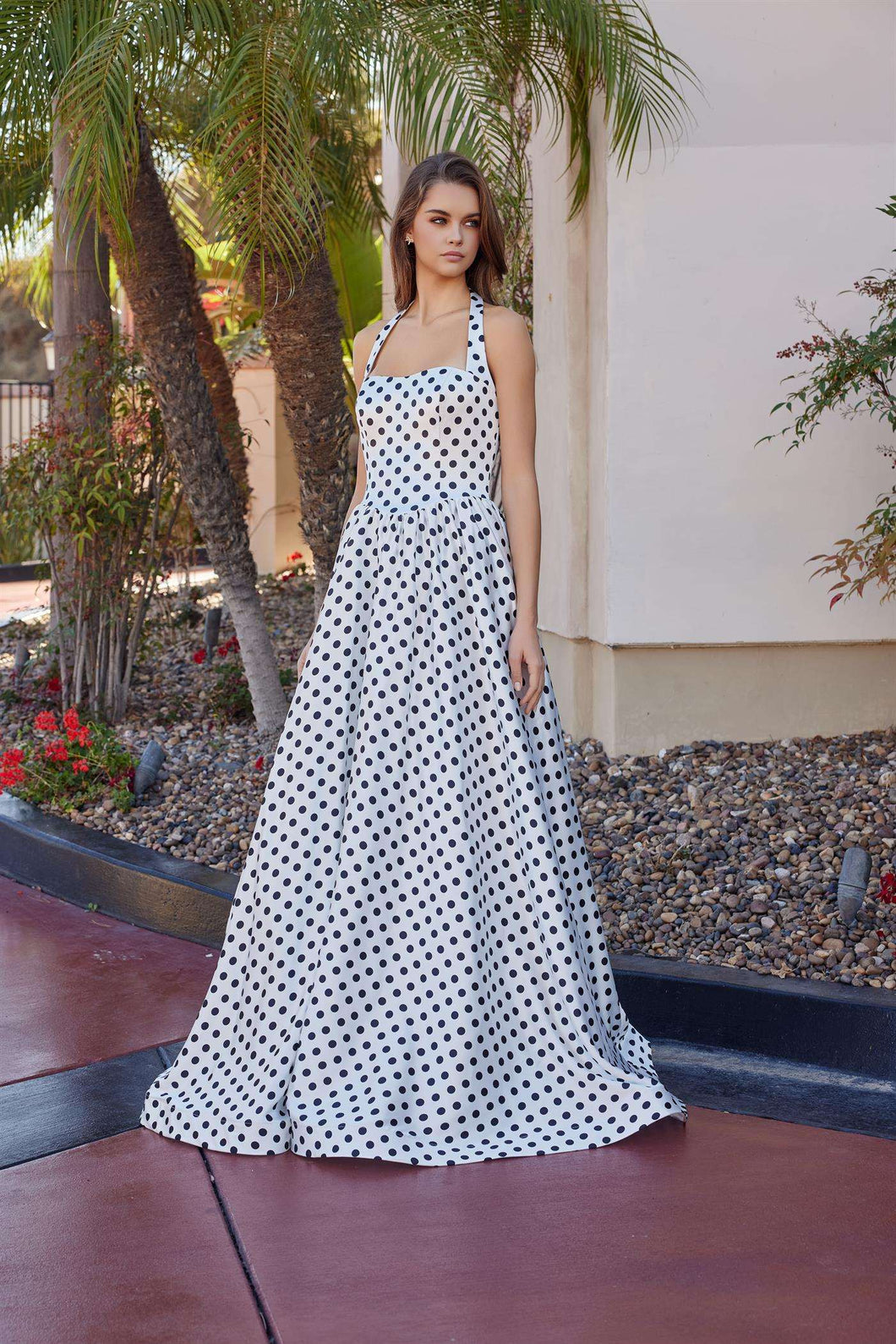N E1925 - Satin Polk-a-dot A-Line Prom Gown with Halter Neck & Side Pockets PROM GOWN Nox 00 White