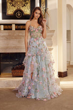N G1783 - Layered Tulle A-Line Prom Gown with 3D Floral Applique Leg Slit & Lace Up Back Prom Dress Nox 00 Green