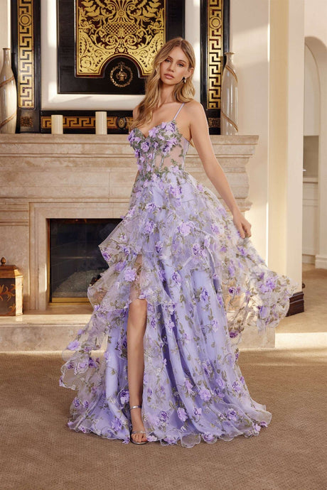 N G1783 - Layered Tulle A-Line Prom Gown with 3D Floral Applique Leg Slit & Lace Up Back Prom Dress Nox 00 Lilac