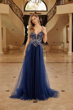 N G1795 - Layered Tulle A-Line Prom Gown with Sheer Bead Embroidered Bodice & Open Lace Up Back Prom Gown Nox 00 Navy