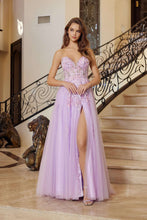 N Q1773 - Layered Tulle A-Line Prom Gown with Sheer 3D floral Embellished Bodice & Leg Slit Prom Gown Nox 00 Lilac