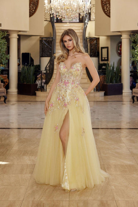 N Q1773 - Layered Tulle A-Line Prom Gown with Sheer 3D floral Embellished Bodice & Leg Slit Prom Gown Nox