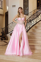 N Q1775 - Satin A-Line Prom Gown with Sheer Bead Embellished Boned Bodice & Leg Slit PROM GOWN Nox 00 Baby Pink