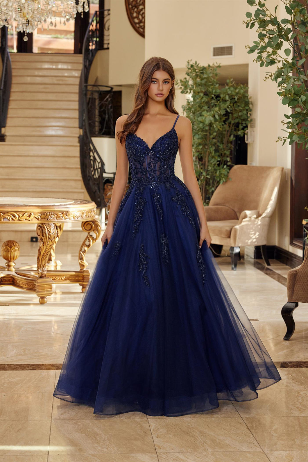 N Q1778 - Layered Tulle A-Line Prom Gown with Sheer Bead Embroidered Boned Corset Bodice & Lace up Back Prom Gown Nox 00 Navy