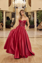 N Y1798 - Strapless Satin A-Line Prom Gown with Sheer Beaded Bodice & Side Pockets Prom Dress Nox 00 Burgundy