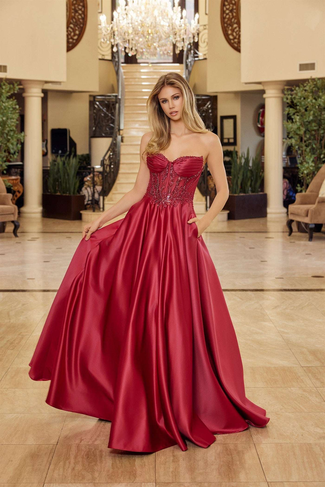 N Y1798 - Strapless Satin A-Line Prom Gown with Sheer Beaded Bodice & Side Pockets Prom Dress Nox 00 Burgundy