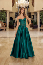 N Y1798 - Strapless Satin A-Line Prom Gown with Sheer Beaded Bodice & Side Pockets Prom Dress Nox 00 Emerald