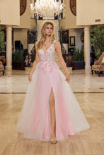 N Y1799 - Layered Tulle A-Line Prom Gow with 3D Beaded floral Embroidered Bodice Leg Slit & V-Back Prom Gown Nox 00 Baby Pink