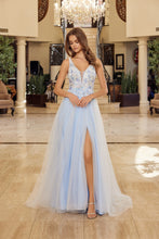 N Y1799 - Layered Tulle A-Line Prom Gow with 3D Beaded floral Embroidered Bodice Leg Slit & V-Back Prom Gown Nox 00 Blue