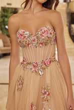 N Y1803 - Strapless 3D Floral Embellished Tulle A-Line Prom Gown with Sheer Bodice & Leg Slit PROM GOWN Nox