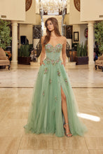 N Y1803 - Strapless 3D Floral Embellished Tulle A-Line Prom Gown with Sheer Bodice & Leg Slit PROM GOWN Nox 00 Sage