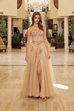 N Y1803 - Strapless 3D Floral Embellished Tulle A-Line Prom Gown with Sheer Bodice & Leg Slit PROM GOWN Nox 00 Champagne