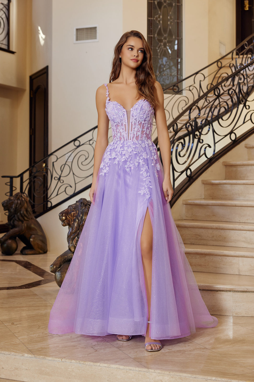 N R1824 - Shimmer Tulle A-Line Prom Gown with Sheer Beaded Embroidered Bodice & Leg Slit PROM GOWN Nox 00 Lilac