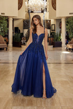 N R1824 - Shimmer Tulle A-Line Prom Gown with Sheer Beaded Embroidered Bodice & Leg Slit PROM GOWN Nox 00 Navy