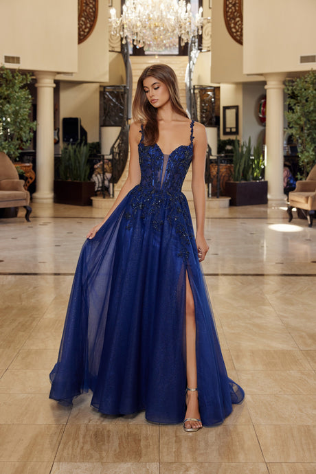 N R1824 - Shimmer Tulle A-Line Prom Gown with Sheer Beaded Embroidered Bodice & Leg Slit PROM GOWN Nox 00 Navy