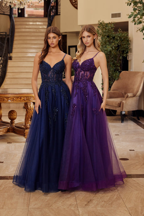 N Q1778 - Layered Tulle A-Line Prom Gown with Sheer Bead Embroidered Boned Corset Bodice & Lace up Back Prom Gown Nox
