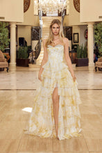 N A1752 - Strapless Floral Printed A-Line Prom Gown with Boned Bodice Leg Slit & Layered Ruffle Skirt PROM GOWN Nox 00 Yellow