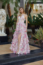 N Q1776 - Layered Ruffle Chiffon A-Line Prom Gown with Boned Key Hole Halter Neck Bodice & Leg Slit Prom Gown Nox 00 Blush