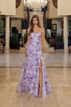 N Q1777 - Floral Printed Ruffled Chiffon A-Line Prom Gown with Cut Out Criss-Cross Laced Up Sides & Leg Slit PROM GOWN Nox 00 Lilac
