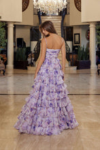 N Q1777 - Floral Printed Ruffled Chiffon A-Line Prom Gown with Cut Out Criss-Cross Laced Up Sides & Leg Slit PROM GOWN Nox