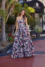 N Q1779 - Strapless Floral Printed Ruffled A-Line Prom Gown with Boned Cowl Neck Bodice PROM GOWN Nox 00 Black