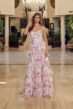 N Q1779 - Strapless Floral Printed Ruffled A-Line Prom Gown with Boned Cowl Neck Bodice PROM GOWN Nox 00 Blush