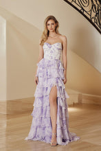 N T1865 - Strapless Ruffled Floral Printed A-Line Prom Gown with Boned Corset Bodice & Leg Slit PROM GOWN Nox 00 Lilac