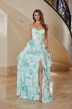 N T1865 - Strapless Ruffled Floral Printed A-Line Prom Gown with Boned Corset Bodice & Leg Slit PROM GOWN Nox 00 Sage