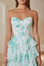 N T1865 - Strapless Ruffled Floral Printed A-Line Prom Gown with Boned Corset Bodice & Leg Slit PROM GOWN Nox