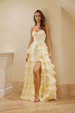 N T1865 - Strapless Ruffled Floral Printed A-Line Prom Gown with Boned Corset Bodice & Leg Slit PROM GOWN Nox 00 Yellow