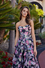 N Q1779 - Strapless Floral Printed Ruffled A-Line Prom Gown with Boned Cowl Neck Bodice PROM GOWN Nox