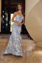 N T1922 - Strapless Embroidered Floral Printed Fit & Flare Prom Gown with Boned Bodice & Open Lace Up Back PROM GOWN Nox
