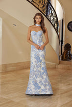 N T1922 - Strapless Embroidered Floral Printed Fit & Flare Prom Gown with Boned Bodice & Open Lace Up Back PROM GOWN Nox 00 Blue