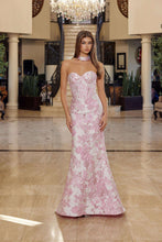 N T1922 - Strapless Embroidered Floral Printed Fit & Flare Prom Gown with Boned Bodice & Open Lace Up Back PROM GOWN Nox 00 Pink