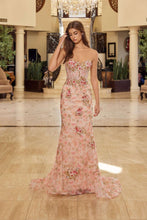 N Y1801 - Strapless Floral Printed Fit & Flare Prom Gown with Sequin Embellished Boned Bodice & Open Lace Up Back PROM GOWN Nox 0 Blush