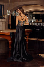 N C1852 - Stretch Satin Fit & Flare Prom Gown with Sheer Rhinestone Embellished Bodice Side Sash Leg Slit & Lace Up Back PROM GOWN Nox