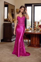 N E1894 - Strapless Shimmer Satin Fit & Flare Prom Gown with Sheer Sequin Embellished Lace Side Panels & Lace Up Back PROM GOWN Nox 00 Fuchsia