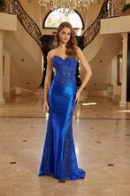 N E1894 - Strapless Shimmer Satin Fit & Flare Prom Gown with Sheer Sequin Embellished Lace Side Panels & Lace Up Back PROM GOWN Nox 00 Royal Blue
