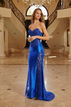N E1894 - Strapless Shimmer Satin Fit & Flare Prom Gown with Sheer Sequin Embellished Lace Side Panels & Lace Up Back PROM GOWN Nox