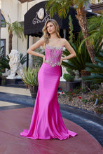 N E1901 - Stretch Satin Strapless Fit & Flare Prom Gown with Rhinestone Embellished Boned Bodice PROM GOWN Nox 00 Fuchsia
