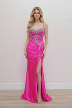 N K1734 - Stretch Satin Fit & Flare Prom Gown With Sheer Beaded Bodice & Leg Slit Prom Gown Nox 00 Fuchsia