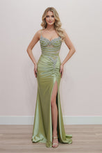 N K1734 - Stretch Satin Fit & Flare Prom Gown With Sheer Beaded Bodice & Leg Slit Prom Gown Nox 00 Sage