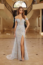 N C1829 - Off the Shoulder Floral Embroidered Fit & Flare Prom Gown with Sheer Boned Bodice Leg Slit & Lace Up Back Prom Gown Nox 00 Sage